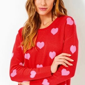 NWT Womens L/S Tensley Sweater Hearts Red Pink 100% Cotton Medium MSRP $148